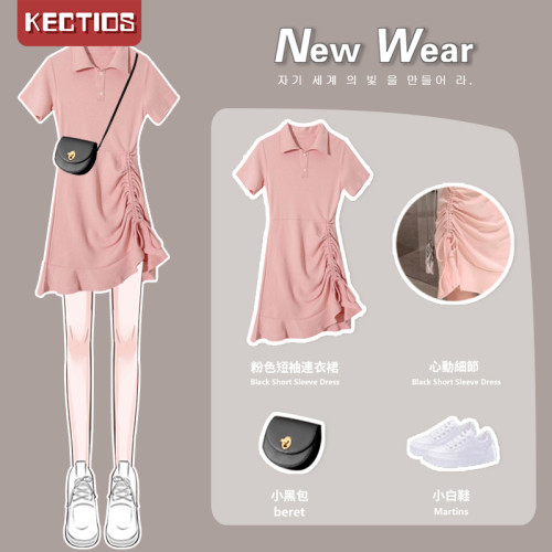 【Kectios™  】粉色polo衫休閒連衣裙女2021年夏季新款修身顯瘦收腰t恤裙