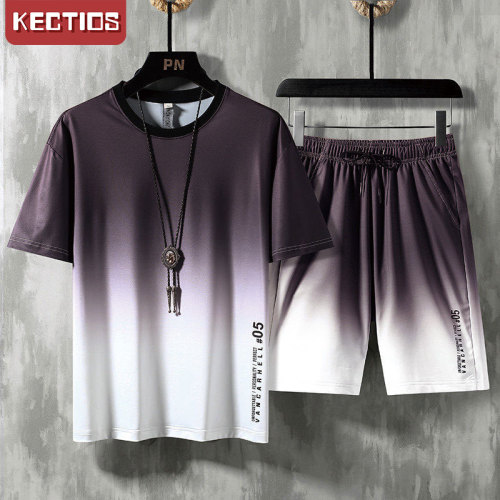 【Kectios™  】夏季男士薄款冰絲休閒套裝時尚潮流漸變色寬鬆大板短袖短褲兩件裝