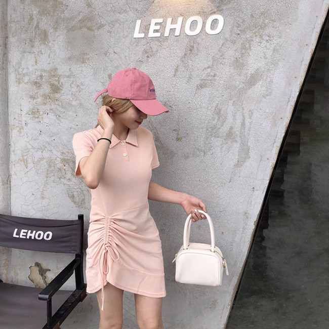 【Kectios™  】粉色polo衫休閒連衣裙女2021年夏季新款修身顯瘦收腰t恤裙