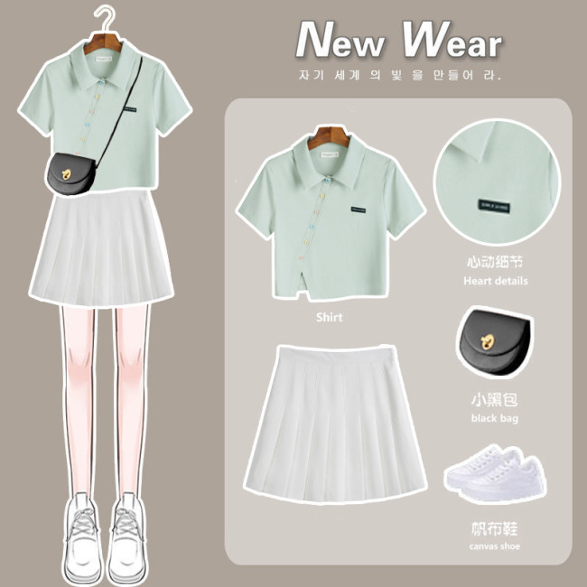 【Kectios™  】polo領t恤女短袖正肩修身夏季2021年新款設計感小眾高腰短款上衣