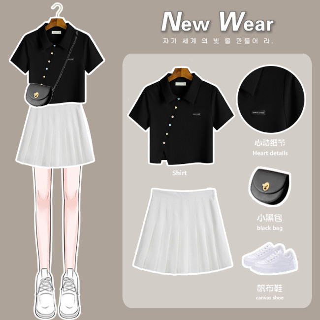 【Kectios™  】polo領t恤女短袖正肩修身夏季2021年新款設計感小眾高腰短款上衣