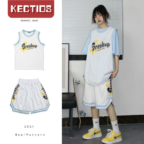 【Kectios™】單件/套裝 夏季休閒運動籃球服兩件套女學生韓版寬鬆顯瘦背心短褲