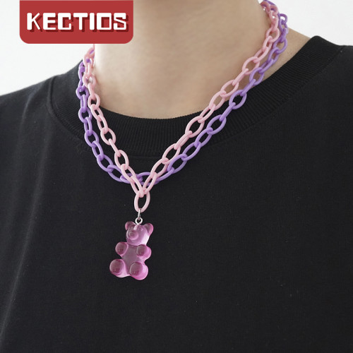 【Kectios™ 】新款粉紅色塑膠亞克力小熊軟糖雙層疊帶項鏈潮小眾個性配飾