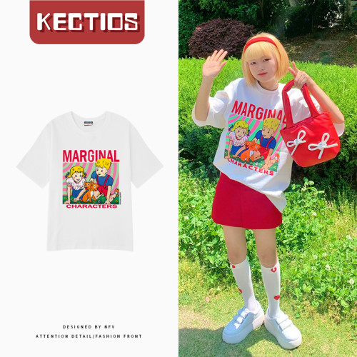 【Kectios™】美式ins潮牌復古卡通純棉短袖T恤女寬鬆圓領白色oversize高街上衣