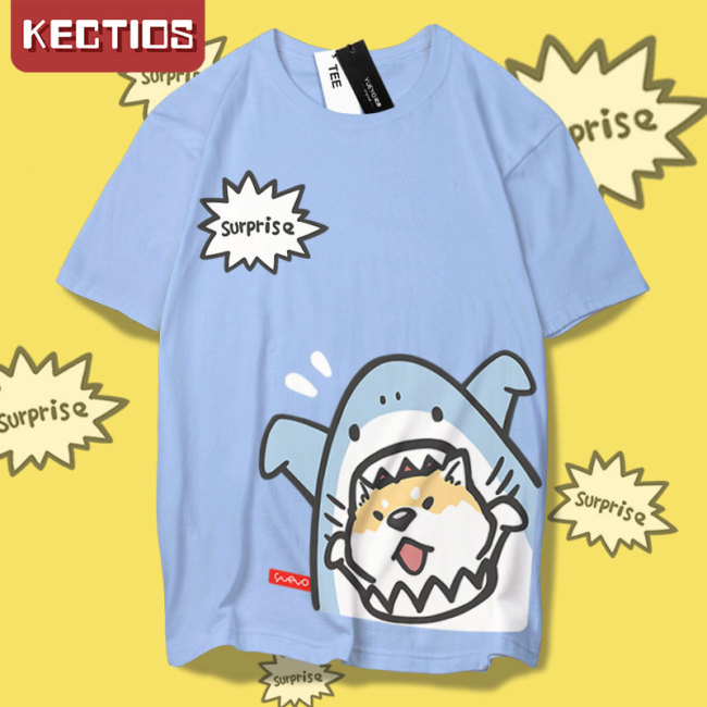 【Kectios™】小鯊魚柴犬寬鬆短袖純棉T卹男卡通潮牌男女士夏季衣服