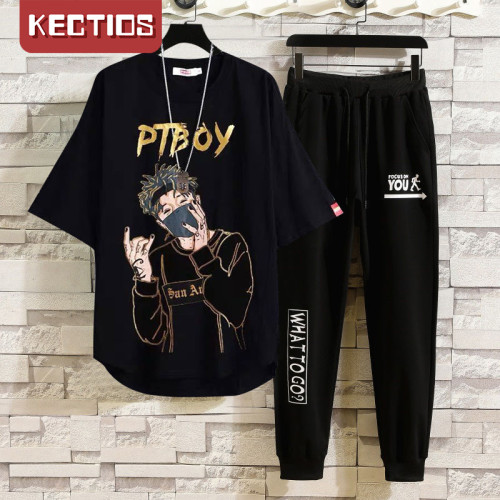 【Kectios™ 】夏季冰爽透氣短袖套裝男士休閒運動套裝學生個性潮流九分褲兩件套