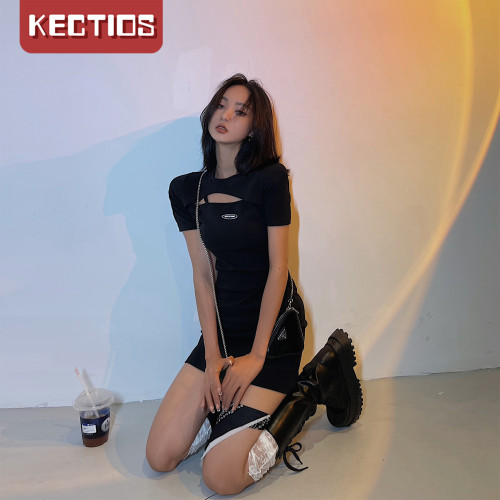 【Kectios™】潮牌黑色性感鏤空假兩件連衣裙女緊身包臀短裙2021年新款裙子