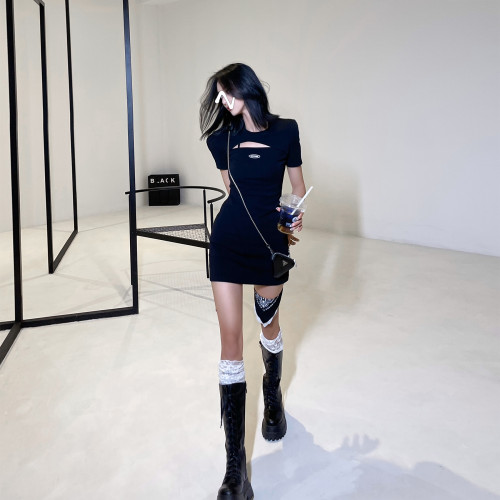 【Kectios™】潮牌黑色性感鏤空假兩件連衣裙女緊身包臀短裙2021年新款裙子