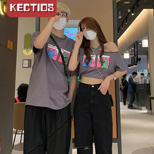 【Kectios™】純棉情侶裝夏季辣妹新款潮流小心機露臍裝修身露腰短袖+休閒短袖