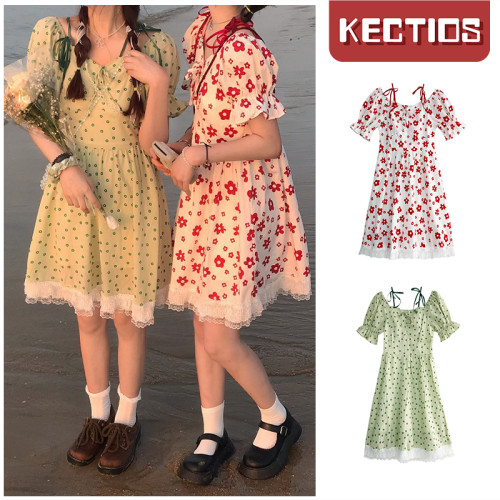 【Kectios™】日系綠色公主裙泡泡袖綁帶連衣裙女夏季新款夏蕾絲邊少女小花裙子