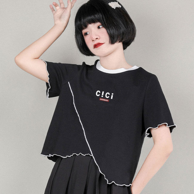 【Kectios™】黑白撞色蝴蝶刺繡短袖女t恤夏季休閒不對稱短款上衣
