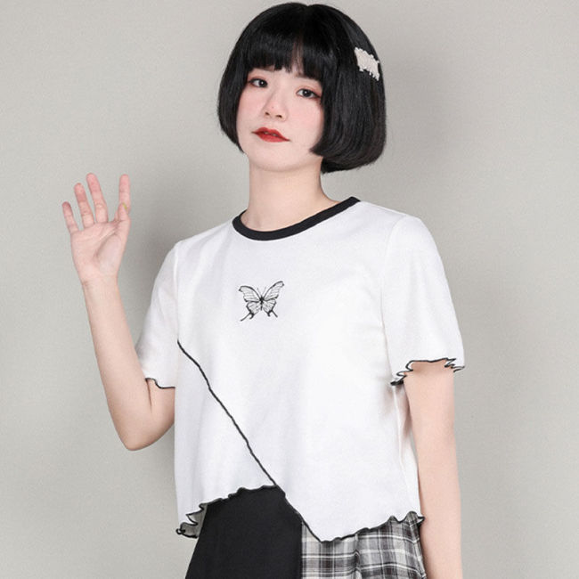 【Kectios™】黑白撞色蝴蝶刺繡短袖女t恤夏季休閒不對稱短款上衣