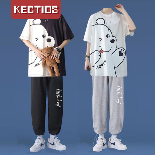 【Kectios™】2021夏季休閒套裝男潮流帥氣學生五分袖港風寬鬆上衣一套衣服男