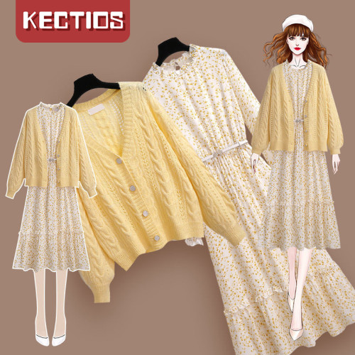 【Kectios™】2021年新款長袖碎花連衣裙兩件套裝