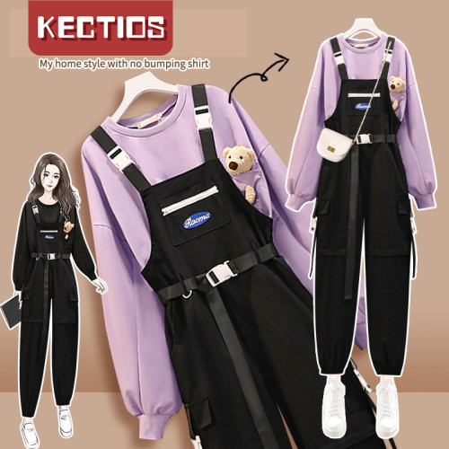 【Kectios™】女裝胖妹妹初秋新款衛衣套裝女洋氣遮肚顯瘦工裝背帶褲兩件套【15天預售】