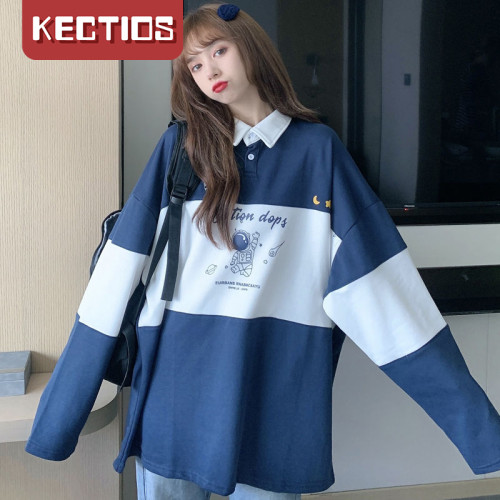 【Kectios™】日系復古拼色宇航員印花polo衫寬鬆衛衣