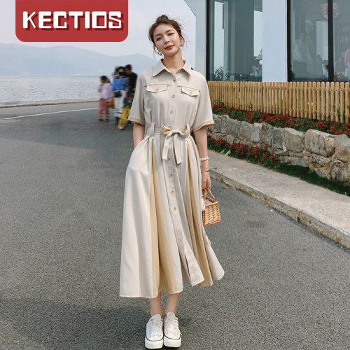 【Kectios™】拼接休閒復古襯衫連衣裙女夏季2021新款赫本風收腰氣質法式長裙子