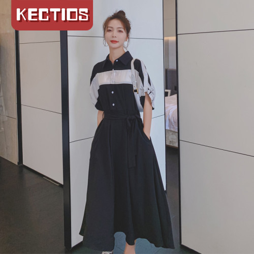 【Kectios™】法式高級感連衣裙女2021夏季新款禦姐輕熟風設計感撞色拼接襯衫裙