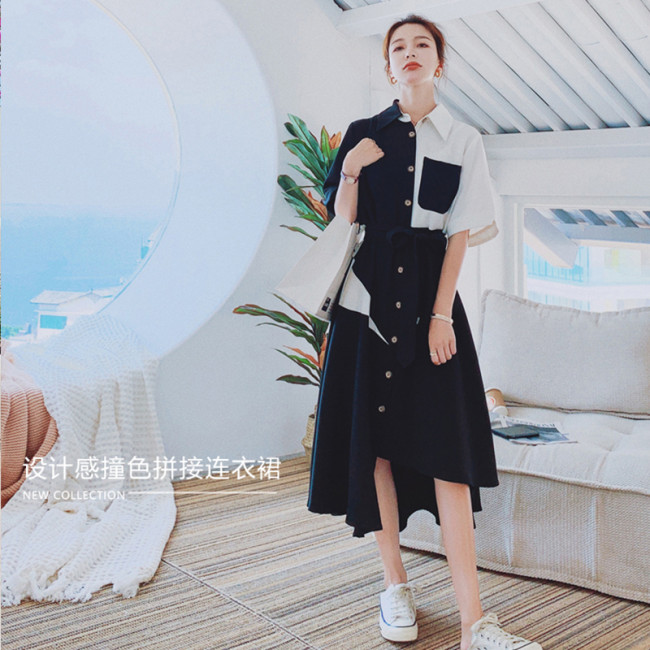 【Kectios™】黑色赫本風撞色連衣裙女2021夏季新款氣質收腰顯瘦不規則襯衫裙子