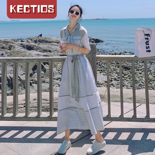 【Kectios™】連衣裙長款夏2021新款設計感韓版寬鬆收腰小清新復古格子拼接長裙