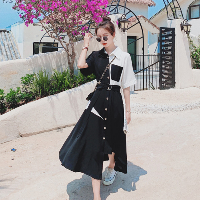 【Kectios™】黑色赫本風撞色連衣裙女2021夏季新款氣質收腰顯瘦不規則襯衫裙子