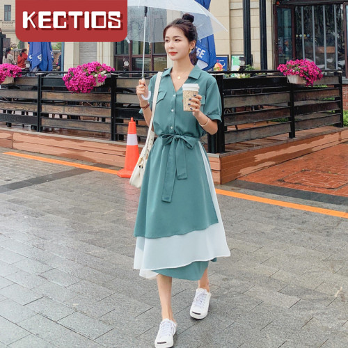【Kectios™】不規則連衣裙女夏季2021新款法式復古溫柔風氣質v領收腰顯瘦長裙