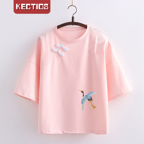 【Kectios™】古風上衣女夏季中國風漢元素唐裝改良日常版甜美學生盤扣短袖T卹