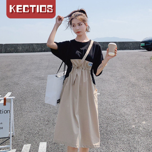 【Kectios™】設計感小眾假兩件連衣裙女夏2021新款收腰顯瘦時尚單肩吊帶中長裙