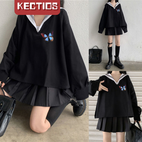 【Kectios™】寬鬆長袖衛衣女薄外套+jk制服短裙百褶半身裙學生套裝【兩件套】