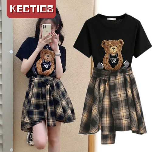 【Kectios™】鹽系套裝女夏季時尚洋氣小熊T恤+格子荷葉邊半身裙炸街裙子兩件套
