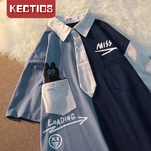 【Kectios™】拼色Polo衫男女短袖T恤2-300斤特大碼學院風半袖遮肚體恤上衣
