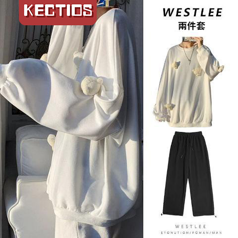 【Kectios™】小熊長袖寬鬆潮流兩件套港風ins秋冬原宿風休閒情侶裝衛衣套裝男