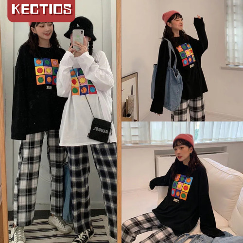 【Kectios™】套裝女2021春夏新款韓版長袖T恤學生閨蜜寬鬆格子休閒闊腿褲ins潮