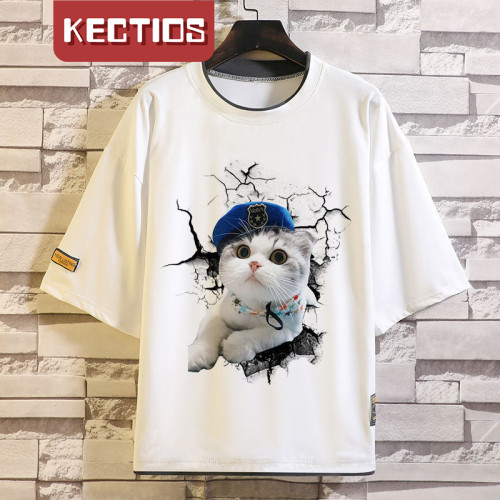 【Kectios™】呆萌貓日係可愛貓咪創意3D立體印花五分短袖T卹寬鬆衣服定制潮流