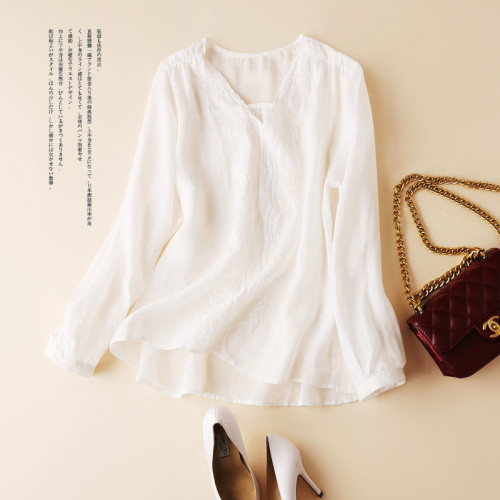【Kectios™ 】純棉刺繡長袖t卹女2021新款棉麻上衣女大碼寬鬆V領小眾設計感襯衫