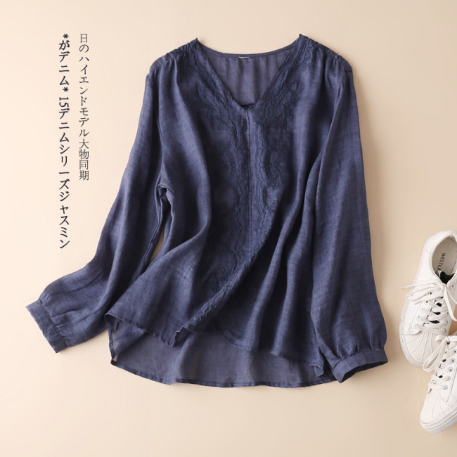 【Kectios™ 】純棉刺繡長袖t卹女2021新款棉麻上衣女大碼寬鬆V領小眾設計感襯衫