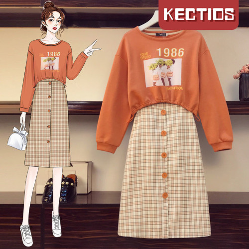 【Kectios™】大碼女裝2021早秋新款微胖妹妹減齡遮肚顯瘦衛衣遮肉半身裙兩件套【預售15天】