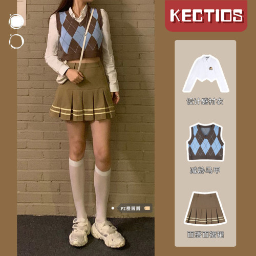 【Kectios™】甜酷學院風菱格馬甲三件套女秋季新款復古百褶裙顯瘦長袖襯衫套裝【預售15天】