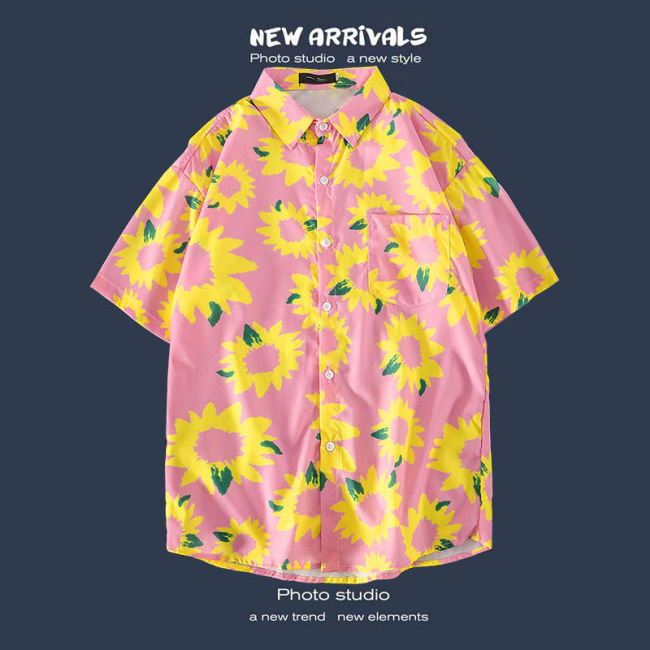 【Kectios™】夏季襯衣薄款復古碎花夏威夷短袖花襯衫男寬鬆港風旅遊情侶半袖衫