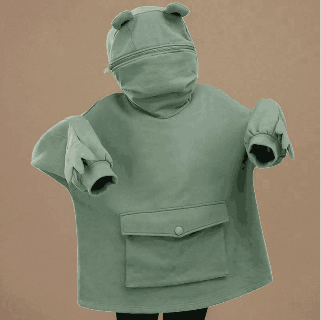 【Kectios™】新款加絨衛衣女中長款設計感超萌青蛙連帽慵懶風外套上衣