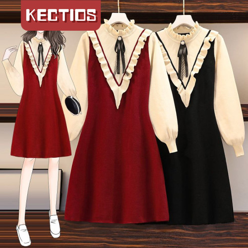 【Kectios™】大碼女裝時尚胖妹妹顯瘦連衣裙冬季長款百搭小個子假兩件針織裙子【預售】