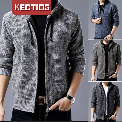【Kectios™】秋冬男裝長袖連帽純色加厚開衫毛衣潮個性休閒針織衫