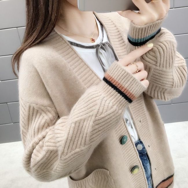 【Kectios™】2021春秋季新款韓版通勤針織V領寬鬆開衫外套鈕扣拼色毛衣女