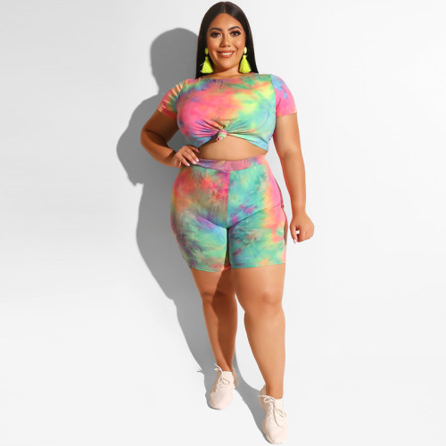 Tie-dyed striped two-piece tight T-shirt shorts sexy suit OSS19328