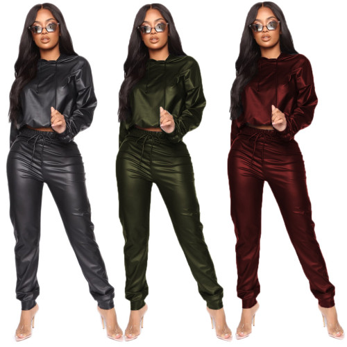 Ladies Hooded Long Sleeves Faux Leather Club Outfits Jumpsuit 2pcs C2052