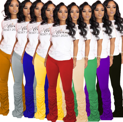 Solid color high-stretch pleated micro-flare casual track pants  LA3183