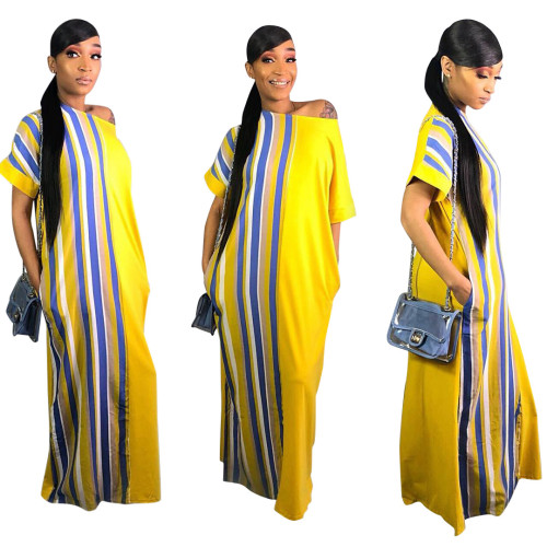 Striped Long Maxi Dress With Pockets  W8162