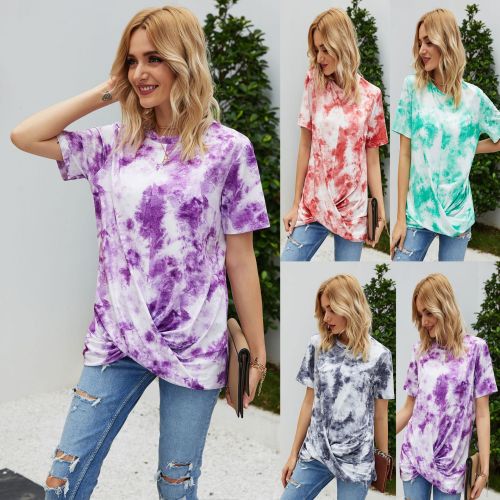 Short-sleeved round neck tie-dye knotted women's t-shirt top LD201005