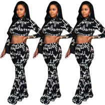 Women Casual Letters Print Sets Crop Top Flares Pants YT3164 Women Casual Letters Print Sets Crop Top Flares Pants YT3164