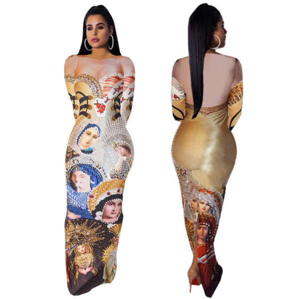 Clubwear Women Rhinestone Long Dress With Zipper QQM3597